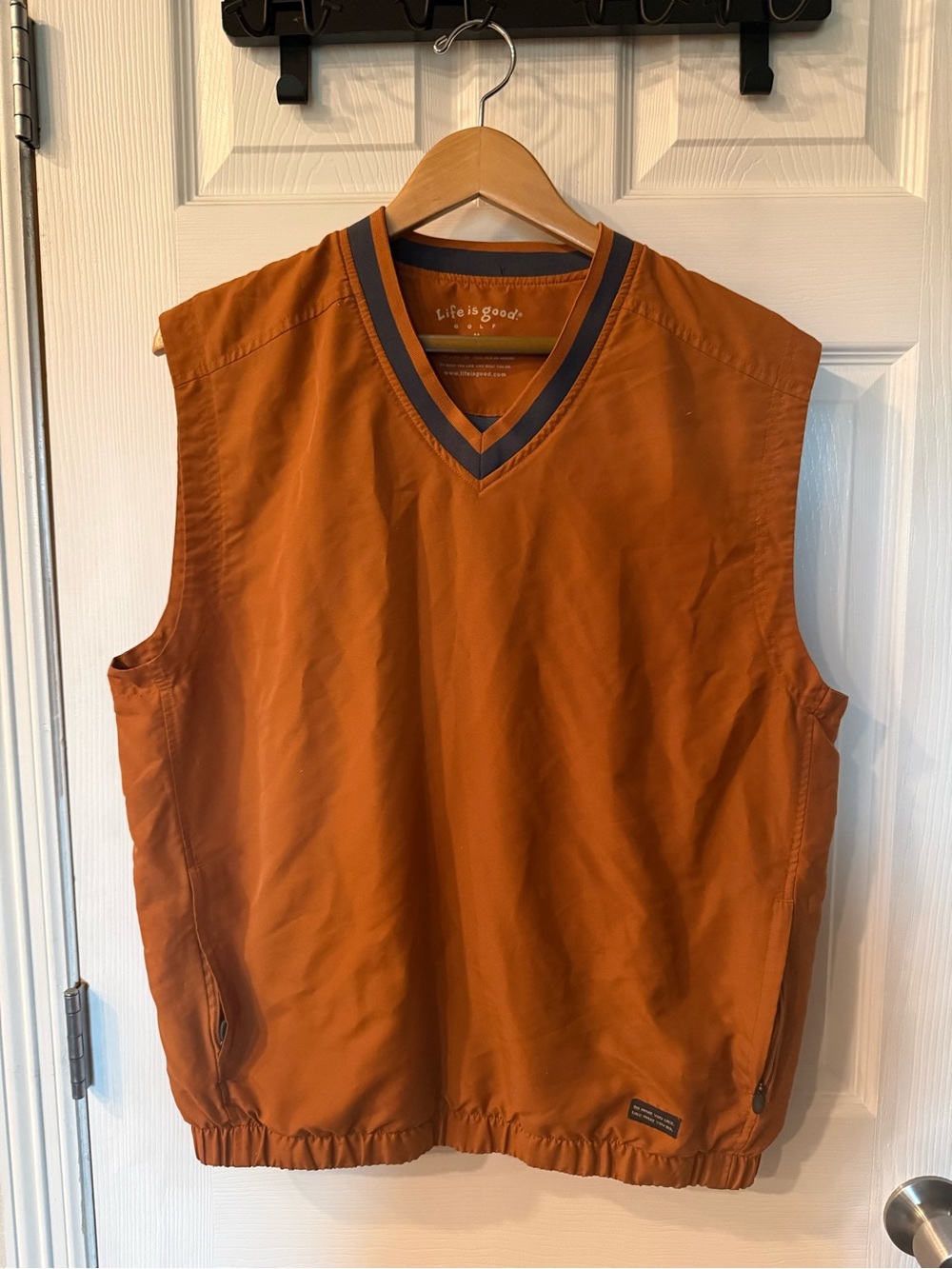 Life Is Good Men’s V-Neck Sleeveless Pullover Vest - Rust Orange with Navy Trim